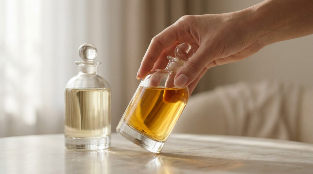 Une main saisit un flacon de parfum ambré à côté d'un autre flacon transparent sur une table en marbre.