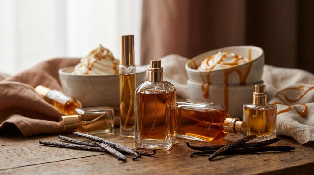 Plusieurs flacons de parfum ambré disposés avec des gousses de vanille et des bols de crème fouettée au caramel.