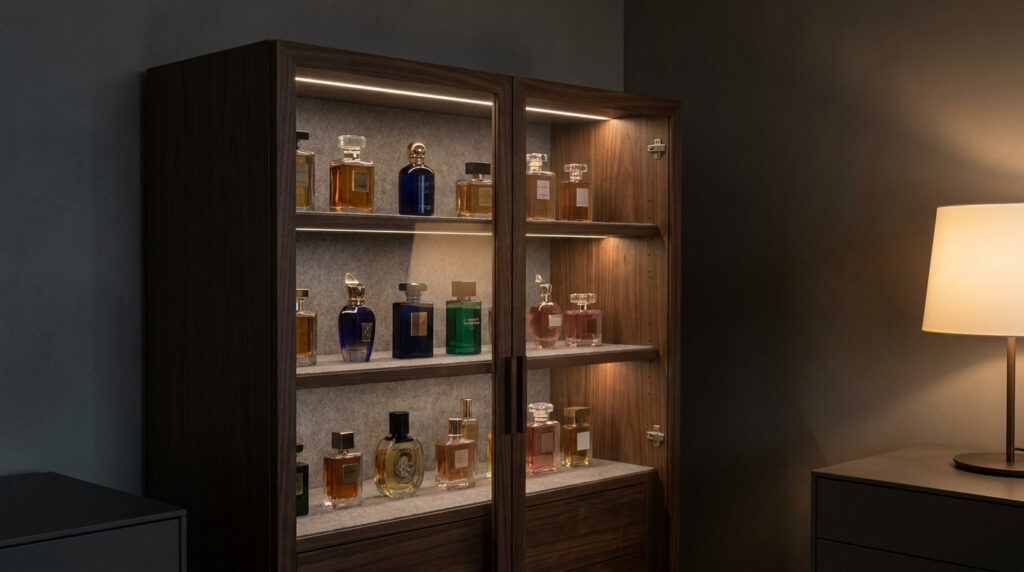 Une vitrine en bois sombre éclairée par des LED mettant en valeur une collection de flacons de parfum.
