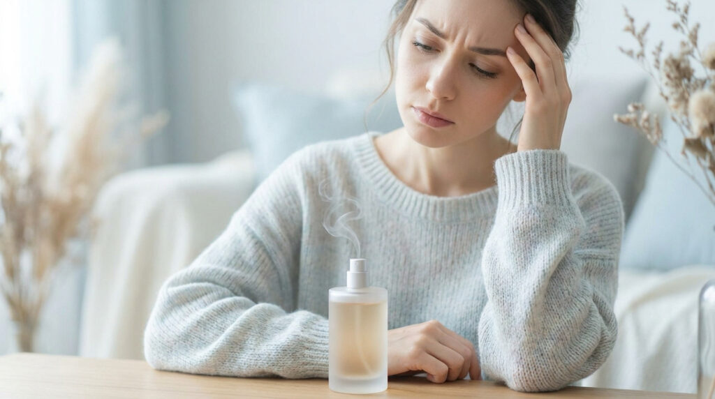 Une femme assise à une table, la main sur le front, ayant l'air souffrante à côté d'un flacon de parfum.