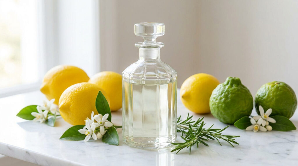 Flacon d'eau de Cologne entouré de citrons, bergamotes, fleurs d'oranger et romarin sur une table en marbre.