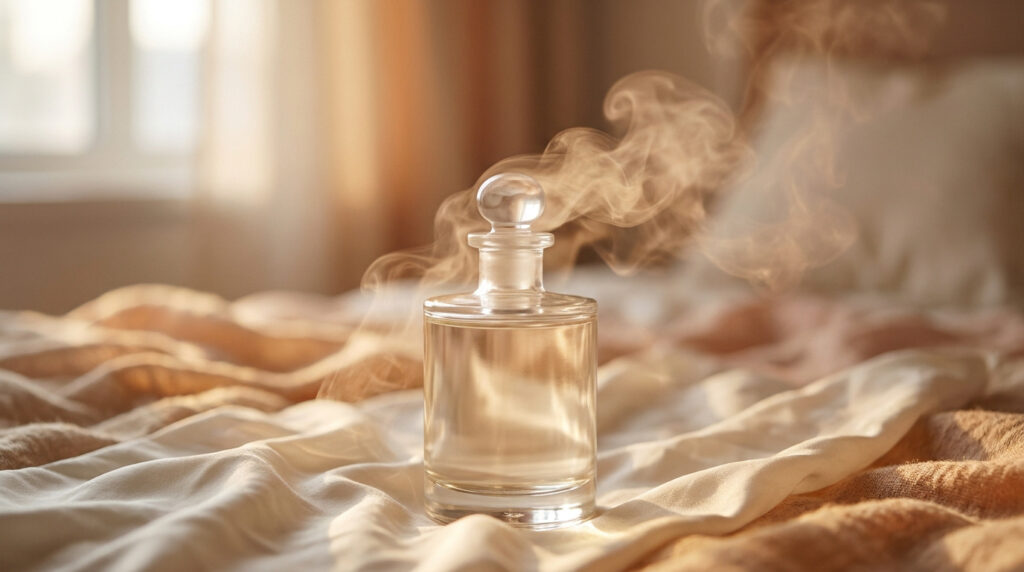 Un flacon de parfum en verre posé sur un lit douillet, entouré d'une légère fumée s'échappant du goulot.
