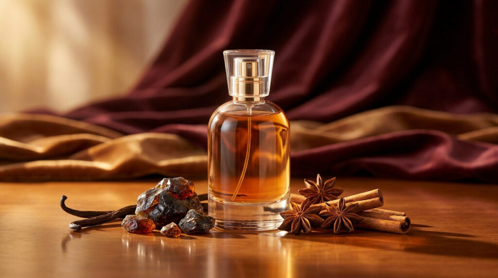 Une bouteille de parfum ambré entourée d'ambre brut, de gousses de vanille et d'épices sur une table en bois.