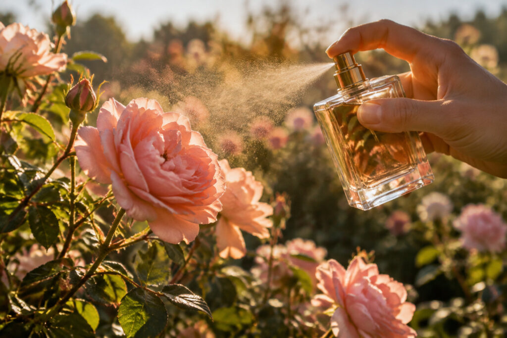 Une main vaporise un parfum doré vers une rose rose épanouie dans un champ sous la lumière douce du soleil couchant.