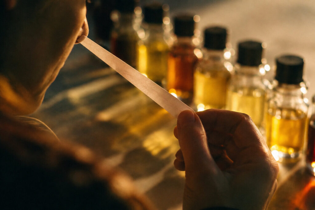 Un parfumeur hume une touche à sentir parmi plusieurs flacons d'essences aux couleurs ambrées alignés sur une table.