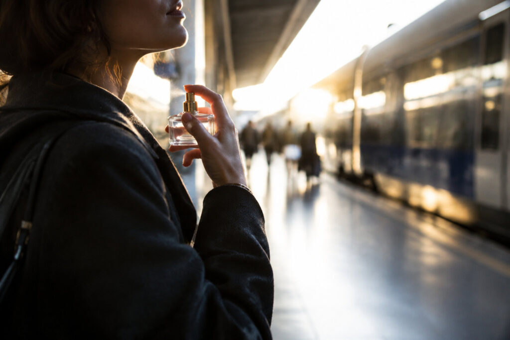 Une femme se parfume sur un quai de gare baigné par la lumière dorée du soleil couchant.